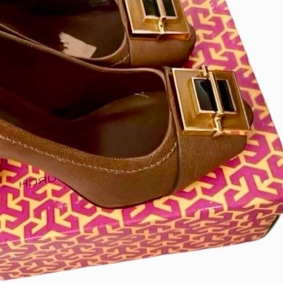 Tory Burch Peep Toe Quentin Landed Capra Fig Brown Leather Heels Size 8.5 - Picture 11 of 12